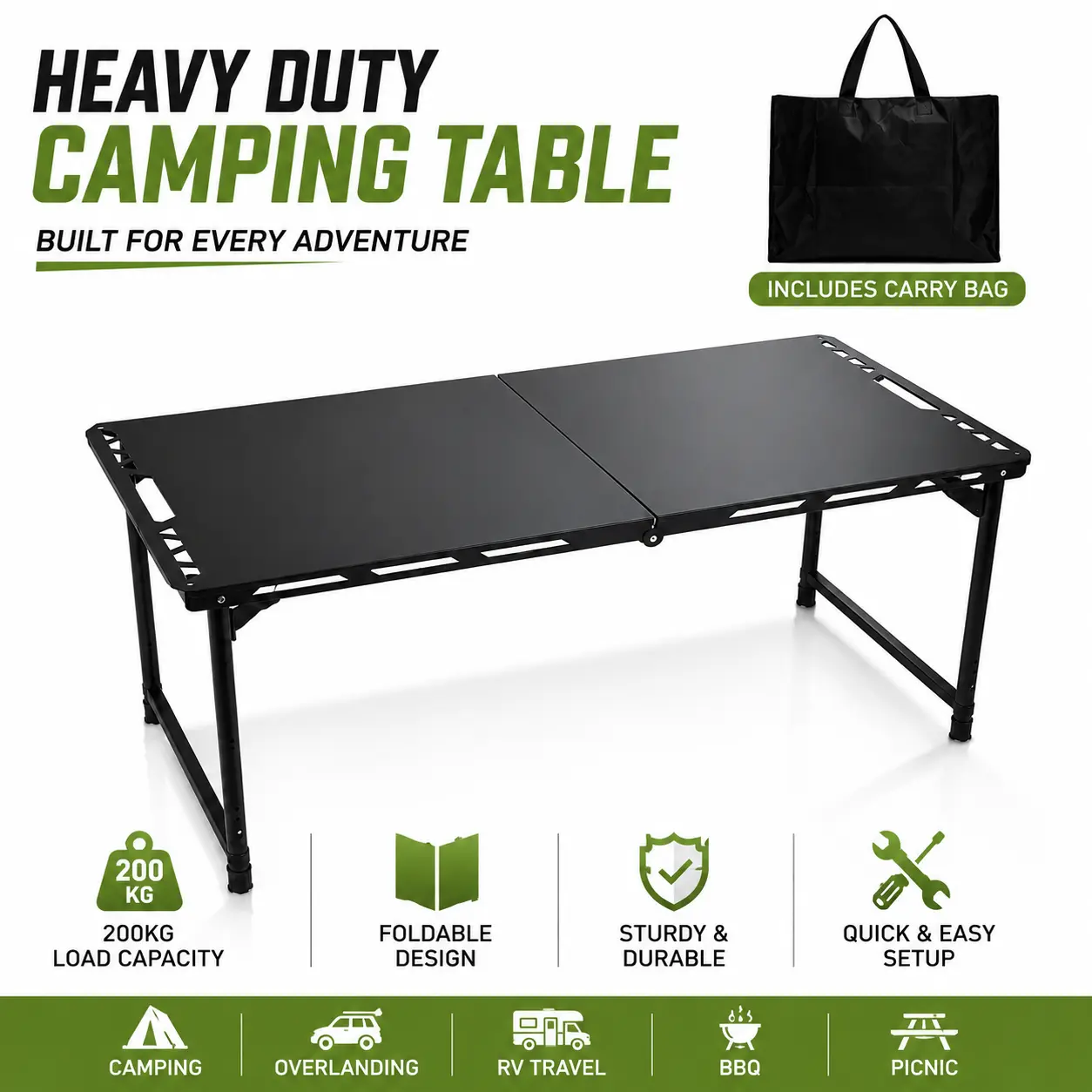 Heavy Duty Foldable Tactical Camping Table - Portable Steel Outdoor Table with Hydraulic Rods, 200kg Capacity, Quick Setup for Overlanding, Tailgating, RV Use