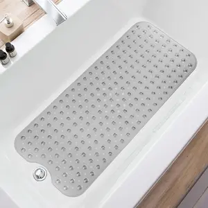 Domed Large Non-Slip Shower Safety Bath Mat, 39x16 In Extra Long with Drain Holes & Suction Cups, Machine Washable Bathroom Accessories (Clear Grey)