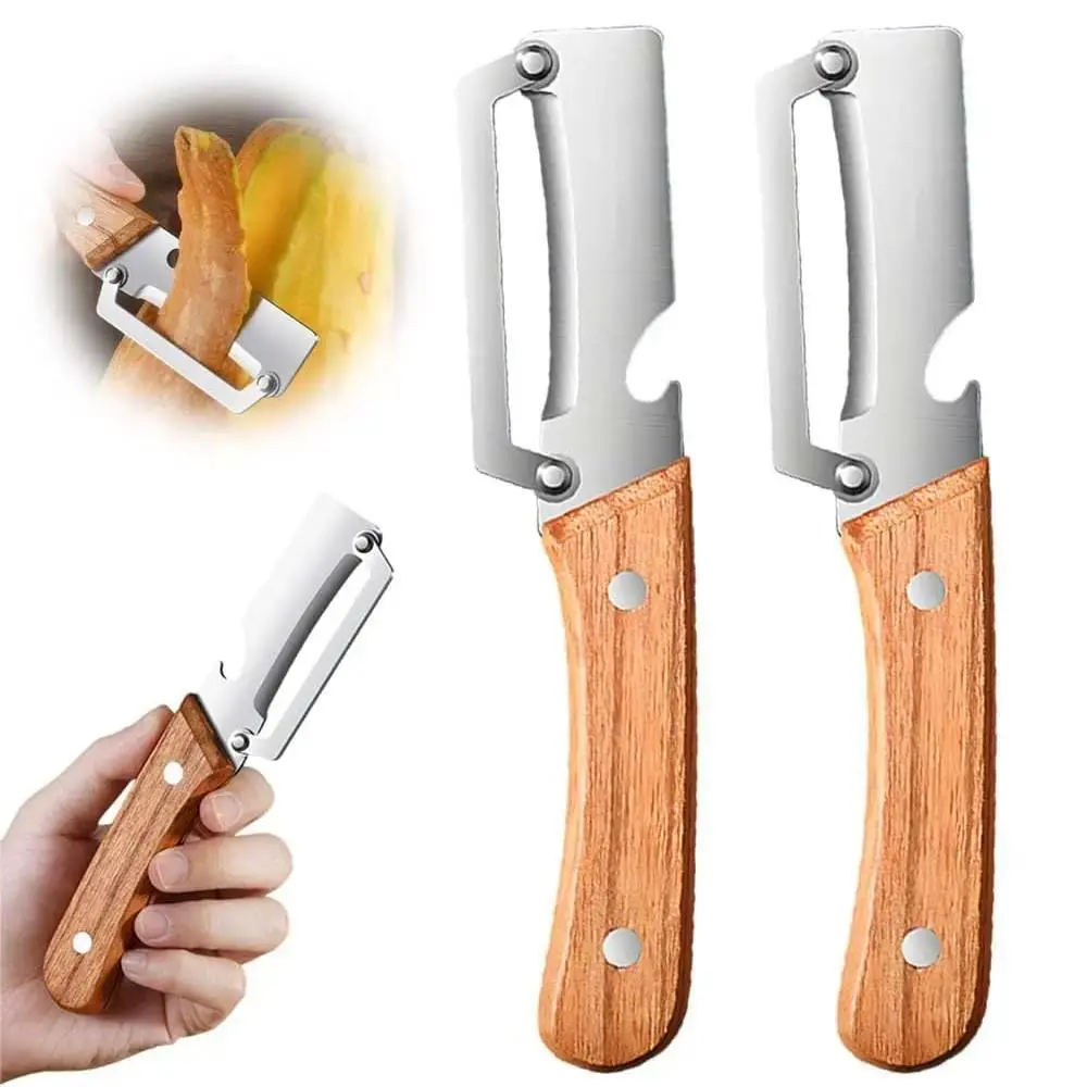 2-Pack 2-in-1 Multi-Functional Vegetable Peeler with Solid Wood Handle & Bottle Opener, Ultra-Sharp Stainless Steel Blade for Peeling Sugar Cane, Potato, Kitchen Home Supply