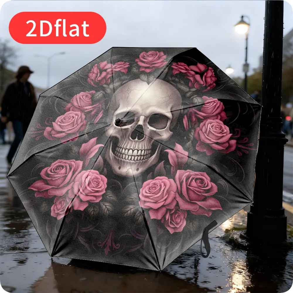 1 Automatic Open/Close Umbrella with Gothic Skull and Pink Rose Pattern – Compact Folding Rain Umbrella, 8-Rib Sturdy Design, Auto Open/Close Button, Perfect for Everyday Use and Halloween Parties – Ideal Unisex Gothic