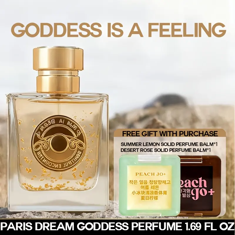 Women's Paris Dream Goddess Perfume (1.69 Fl Oz) - Gourmand Floral Scent with Gold Flakes, Luxury Aesthetic Bottle, Gift Set with Free Summer Lemon & Desert Rose Solid Perfume Balms