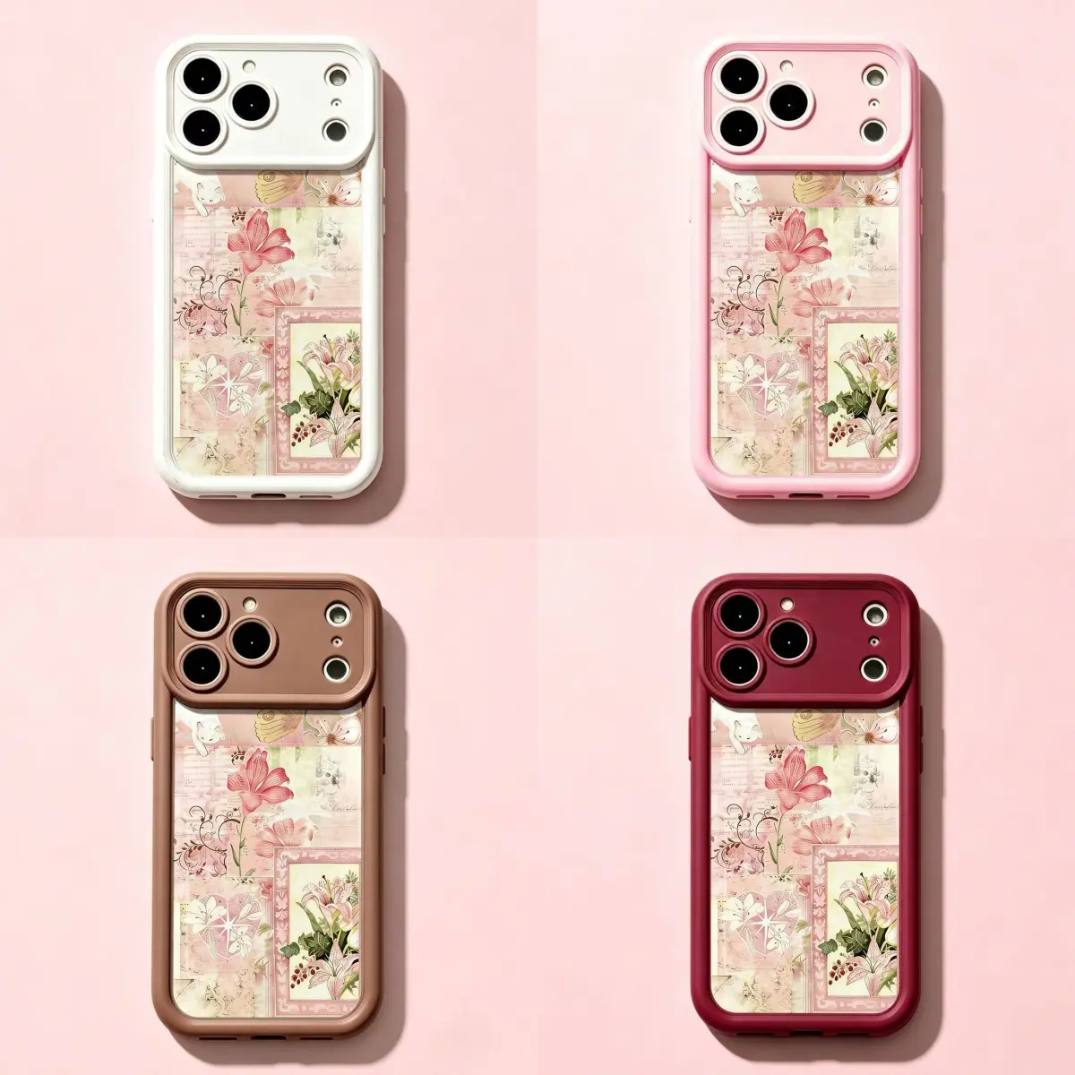 Vintage Pink Floral Collage Phone Case|Aesthetic Cottagecore Floral Art Protective Cover For iPhone 17 Pro Max 16 15 14 13 mini 12 mini 11 for Samsung S21 S22 S23 S24 S25 S26 Phone Case|Gift for Her