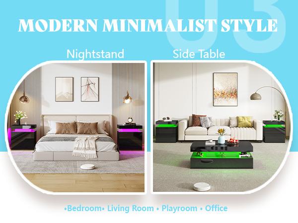 AMERLIFE High Gloss LED Nightstand Set of 2 with Charging Station, Modern Bedside Table Night Stand with LED Lights, Sofa End Side Tables with Drawers/Best Gift Ideas/Christmas Gifts