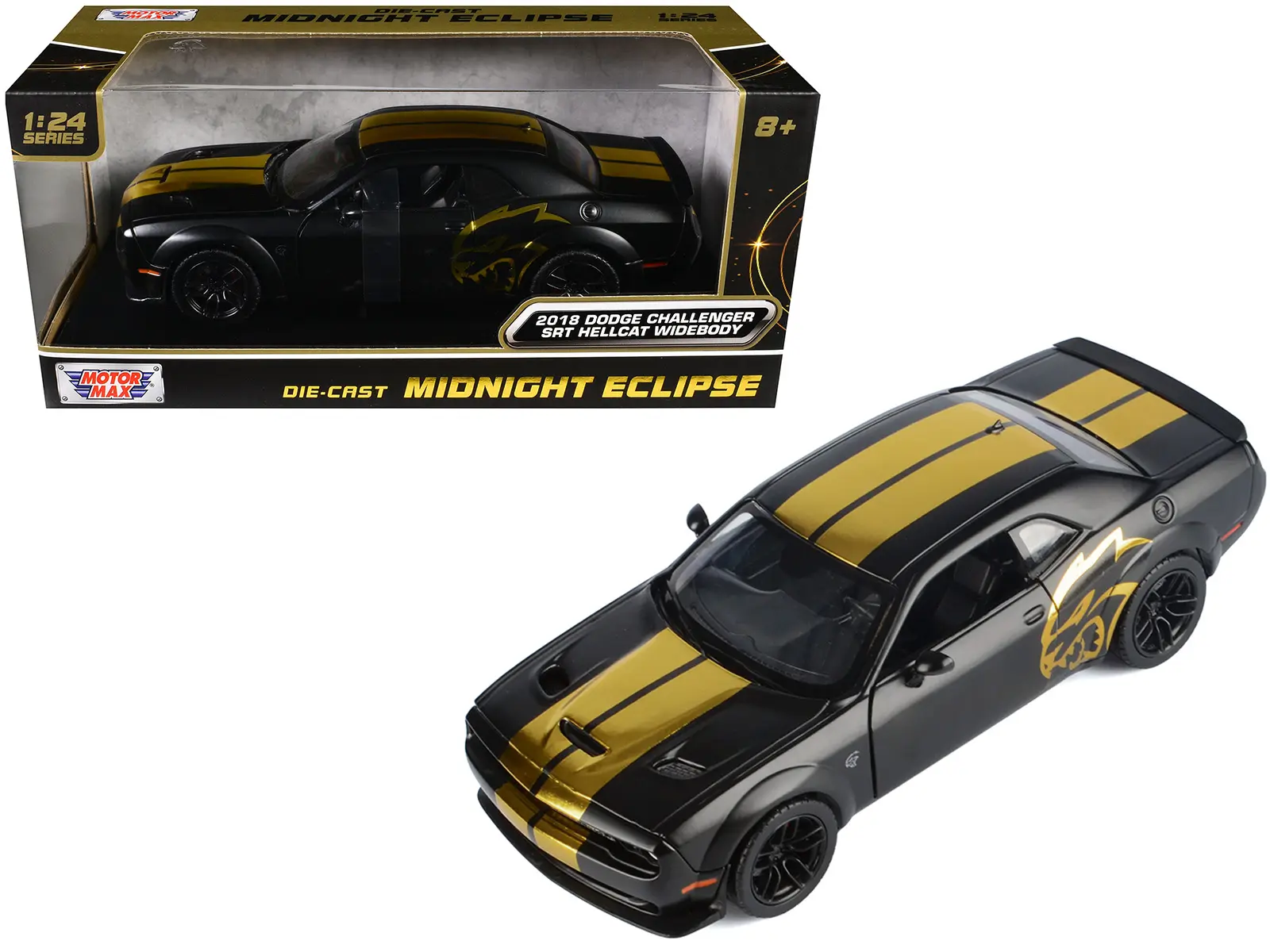 2018 Dodge Challenger SRT Hellcat Widebody Matt Black with Gold & Graphics "Midnight Eclipse" 1/24 Diecast Model Car by Motormax