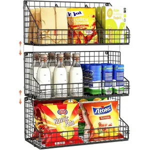 3 Tier Large Stackable Snack Organizer Versatile Wall Mounted Wire Storage Basket with Divider for Candy Chip Cans Bars Ideal for Pantry Office Home