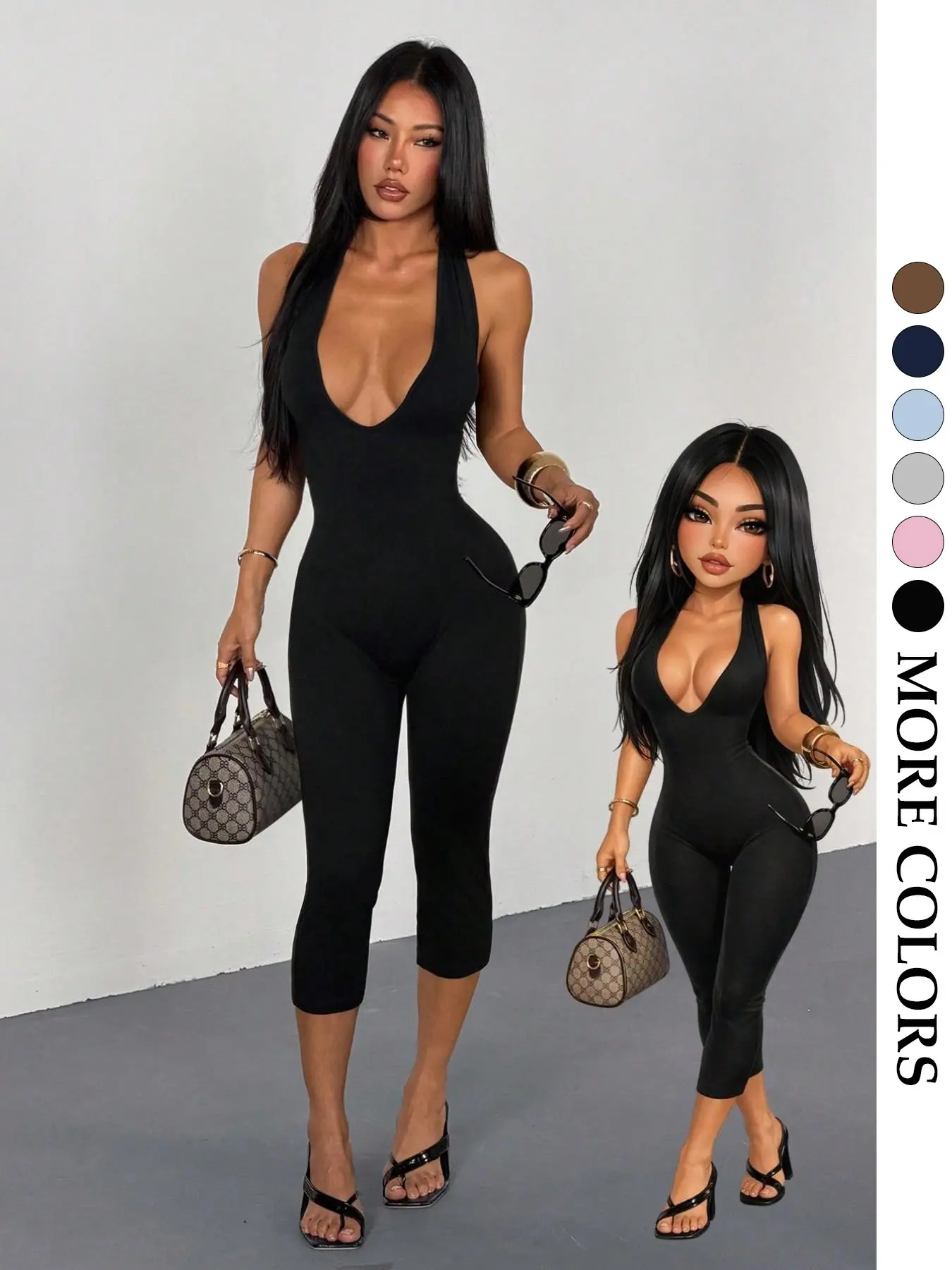 Women's Summer Cool Sexy Halter Sleeveless Deep V Bodycon Jumpsuit, Fitted Slim Fit Three-Quarter Pants, Perfect for Daily Fashion and Unique Style