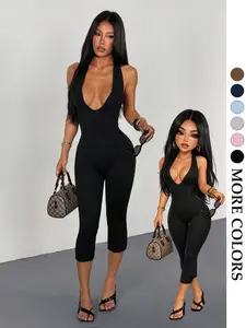 Women's Summer Cool Sexy Halter Deep V Fitted Jumpsuit, Slim Fit Three-Quarter Pants, Perfect for Daily Fashion and Unique Style