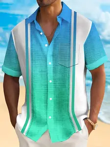 Men's Hawaiian Tropical Gradient Striped Print Short Sleeve Shirt - Breathable Button-Up with Pockets, Regular Fit Casual Summer Vacation Shirt for Beach & Outdoor Activities, Beachwear Shirt | Vibrant Striped Shirt | Stylish Pocket Design