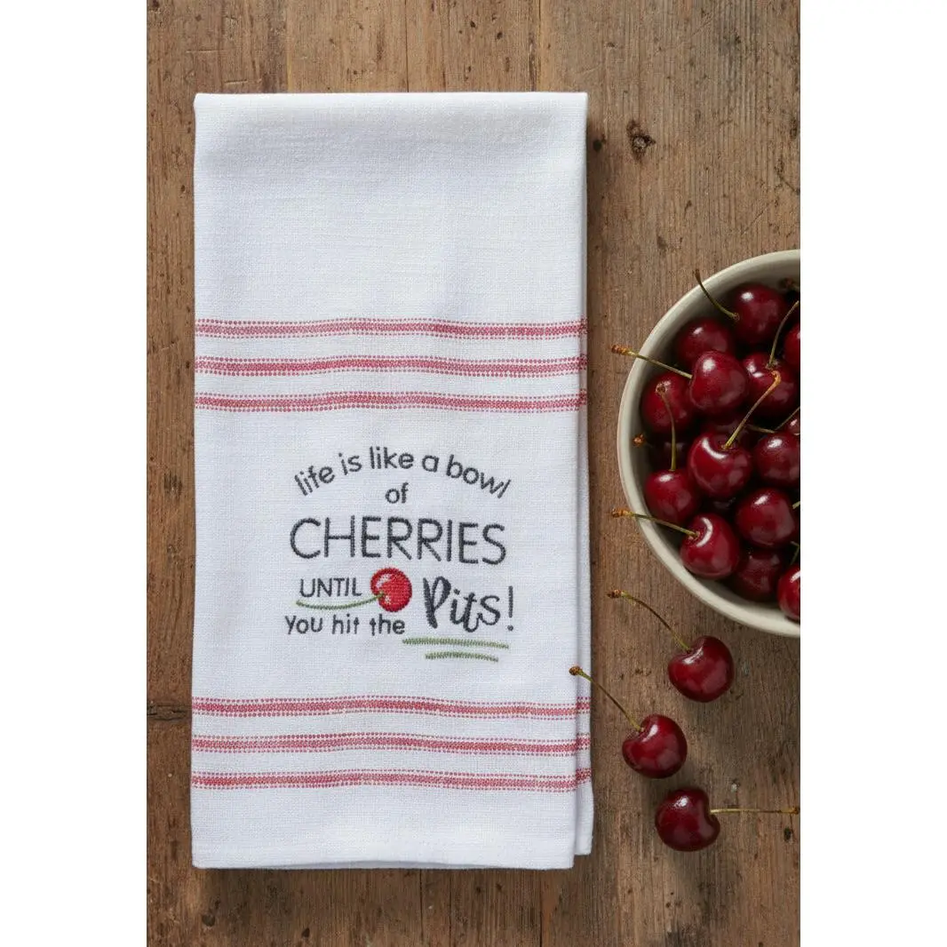 Sweet Cherry Hit the Pits Embroidered Tea Towel