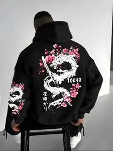 Men's Autumn Winter Japanese Dragon Cultural Graphic Print Hoodie, Soft Fabric, Loose Fit, Casual Style, Perfect for Shopping & Dates
