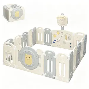 Baby Playpen with Adjustable Basketball Hoop,Lock Door,Adjustable Game Panel,Foldable Toddlers Play Yard, 18-Panel Safety Kids Fence for Indoor & Outdoor,Baby Gate Activity Centre, Gray White