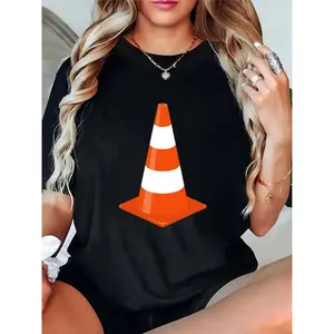 Women’s Black T-Shirt with Orange & White Traffic Cone Graphic – Casual Daily, Halloween, Funny Novelty Top for Teens & Adults