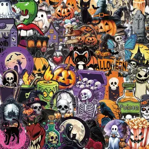 50 Halloween Skull Stickers, Spooky Holiday Decorations for Journals, Laptops, Water Bottles, DIY Wall Art, Non-Toxic Adhesive Decals, Sticker Packs