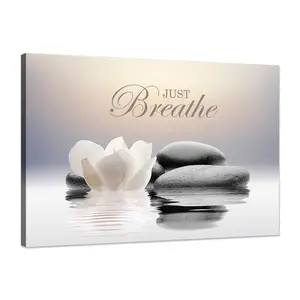 Zen Lotus & Stone Canvas Wall Art - Motivational Mindset Is Everything & Just Breathe Framed Print - Calm Yoga Meditation Decor for Office and Bedroom