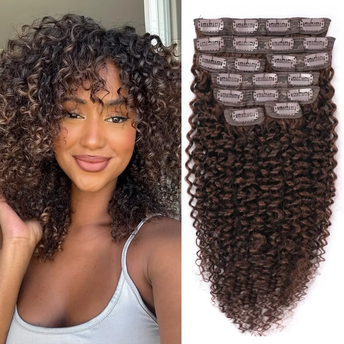Chocolate Brown Kinky Curly Clip Ins  110g 8pcs 3C 4A Curly Clip In Hair Extensions Real Human Hair Full Head for Women Brazilian Remy Human Hair Extensions Natural Color with 20 Clips #4