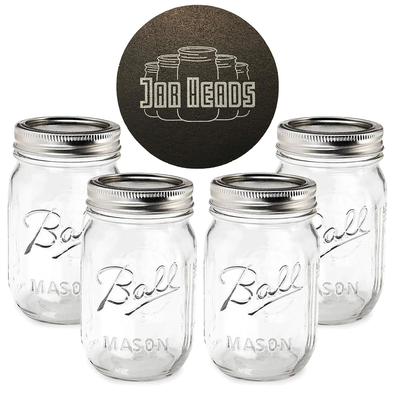 Ball Mason Jars 16 Oz Bundle with Non Slip Jar Opener- Set of 4 16 Ounce Size Mason Jars with Regular Mouth - Canning Glass Jars with Lids, Heritage Collection Dijkoo