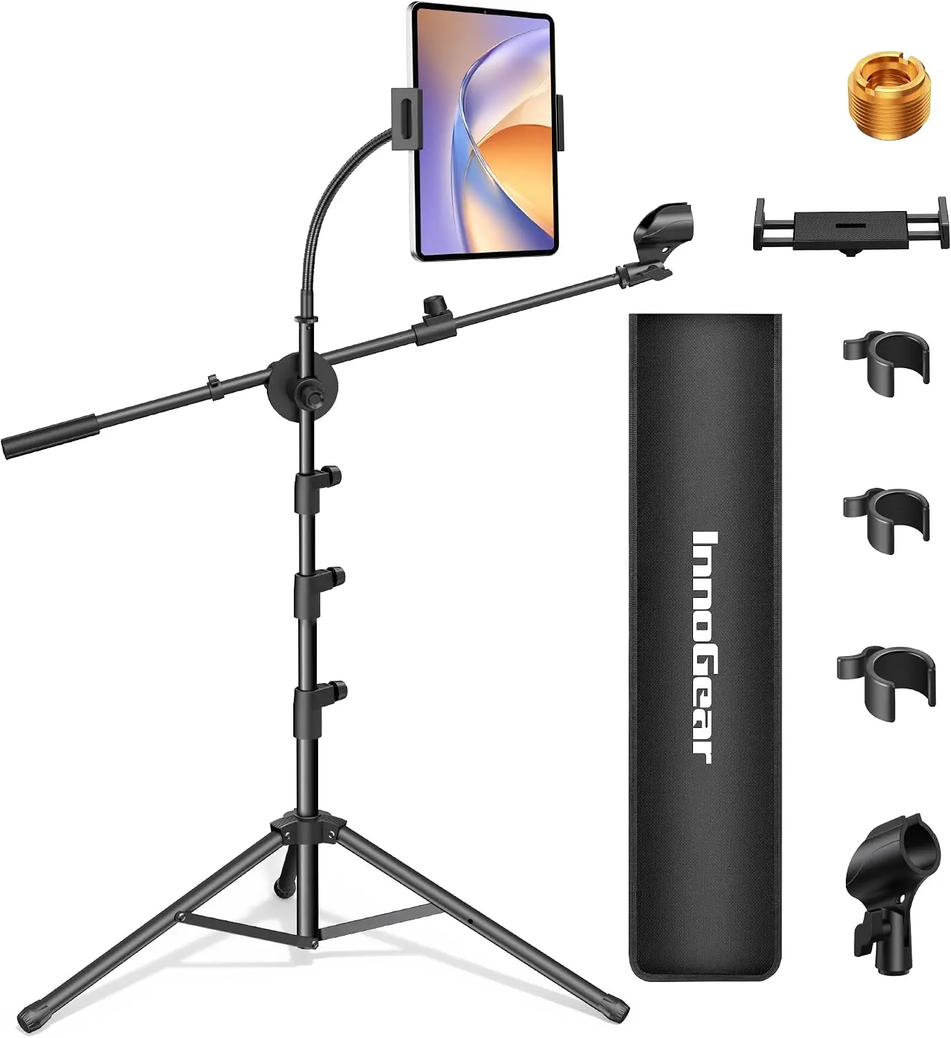 2-Pack Microphone Floor Tripod Stands with Tablet Holder, Adjustable Boom Arm, All-in-1 Quick-Assembly Design, Stable for Heavy Mics, 24.4-Inch Wide Base (Musical Instruments Accessory)