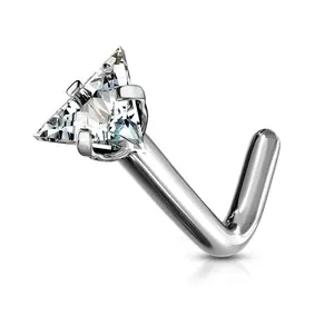 Prong Set Triangle Shaped CZ Crystal L-Bend Nose Stud - G23 Implant Grade Titanium