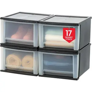 17 Qt. Plastic Drawer Storage Organizer Stacking Drawers, 4-Pack, Stackable Unit with Sliding Drawer for Clothes Bedroom Kitchen Under Sink Pantry Craft Room Bathroom Dorm Office, Black