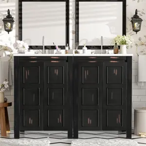 48" Vintage Style Bathroom Vanity Combo with Double Vanities (separate), Double Ceramic Sinks, storage Shelf and Soft Close Doors
