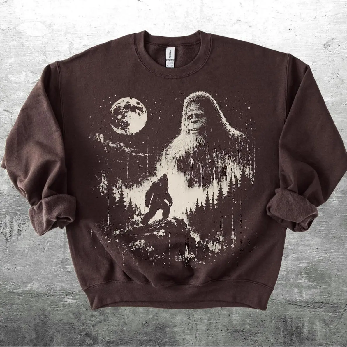 Vintage Bigfoot Sasquatch Full Moon Forest Graphic Sweatshirt And T-Shirt | Cryptid Nature Camping Hiking Outdoorsy Aesthetic Pullover Top