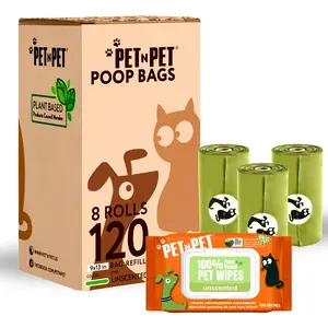 Pet N Pet 120 Count Compostable Poop Bags + 100% Plant-Based Hypoallergenic Dog Wipes, 100 Count, 8" x 8" Unscented
