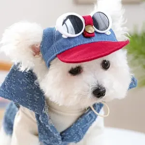 Korean Style Dog Sun Hat with Sunglasses Adjustable Denim Cap Dog Visor Hats with Ear Holes Dog Sports Hat for Puppy Dogs