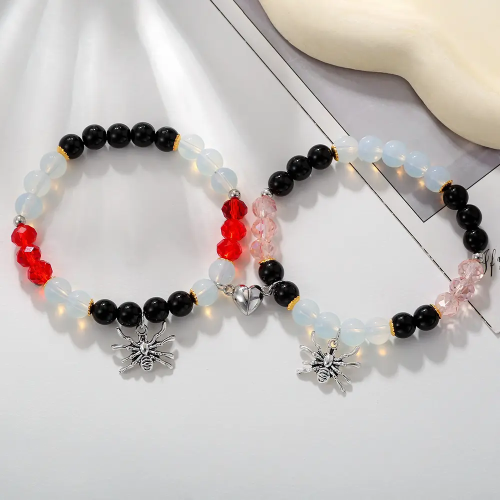 2Pcs Spiders Heart Attraction Friendship Couple Spider Pendant Bracelet Party Christmas Jewelry Gifts for Women Men