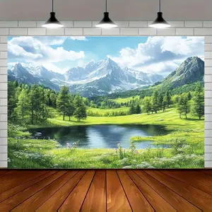 1pc Polyester Mountain Nature Scenery Backdrop, 2D Flat Design with Snow-Capped Peaks & Lush Green Forest, Tranquil Lake, Ideal for Photography, Events, Home Decor - No Electricity Required, Pe, Banners, Event Decor