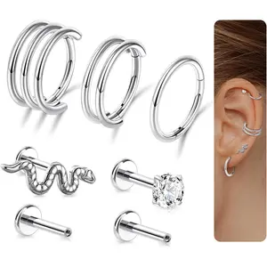 G23 Titanium 3 count/7PCS 16G Cartilage Double-Hoop Helix Conch   With Cubic Zirconia Flat  Stud Earrings Set For Women Men