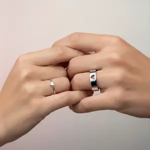 Matching Couple Heart Rings Set "I Love You" Engraving Adjustable Sizes Polished White Copper Solid His Hollow Romantic Gift for Valentine’s Day Anniversary Daily Jewelry