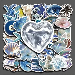 50PCS Silver Blue Ocean Aesthetic Stickers Pack, Ocean Wave Marine Theme Art Vinyl Stickers for Laptop Water Bottle Phone Case Skateboard Journal Scrapbook DIY Decoration