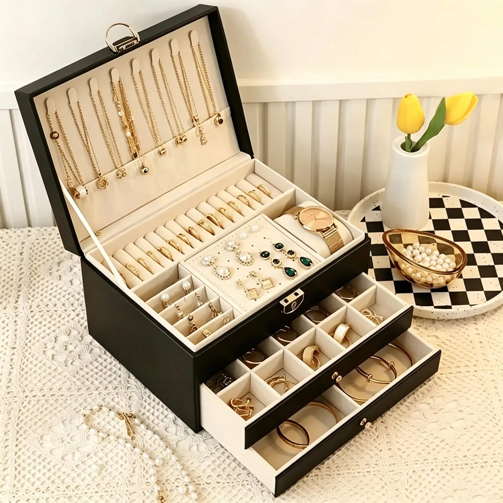 3 Layer Jewelry Box with Removable Trays – Stop Wasting Time Untangling Necklaces Every Morning! Tangle-Free Necklace Organizer with Ring Earring Bracelet Storage – Elegant Vanity Display That Makes Getting Ready Effortless