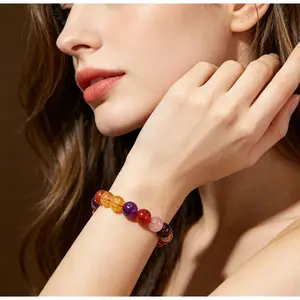 Natural Multi-Gem Crystal Bracelet |     Amethyst, Strawberry Quartz & Yellow Pyramid Quartz, Wealth & Love Attraction, Women's Hand Chain, Five Elements Luck