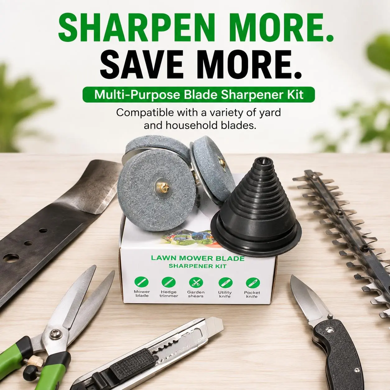 Durable Lawn Mower Blade Sharpener Kit with Balancer, Reusable Grinder Wheel Stone Drill Attachment for Mower Blades and Garden Tools, Compatible with Power and Hand Drills