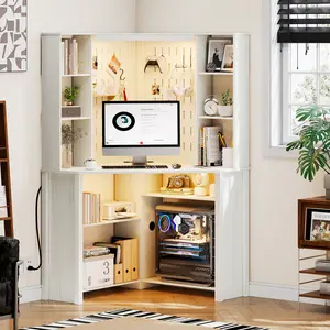 FREDEES Corner Computer Desk with LED Lights, L Shaped Study Desk with Hutch & Shelves, Triangle Home Office Desk with Charging Station for Work & Study, File Cabinet Bookshelf for Small Space