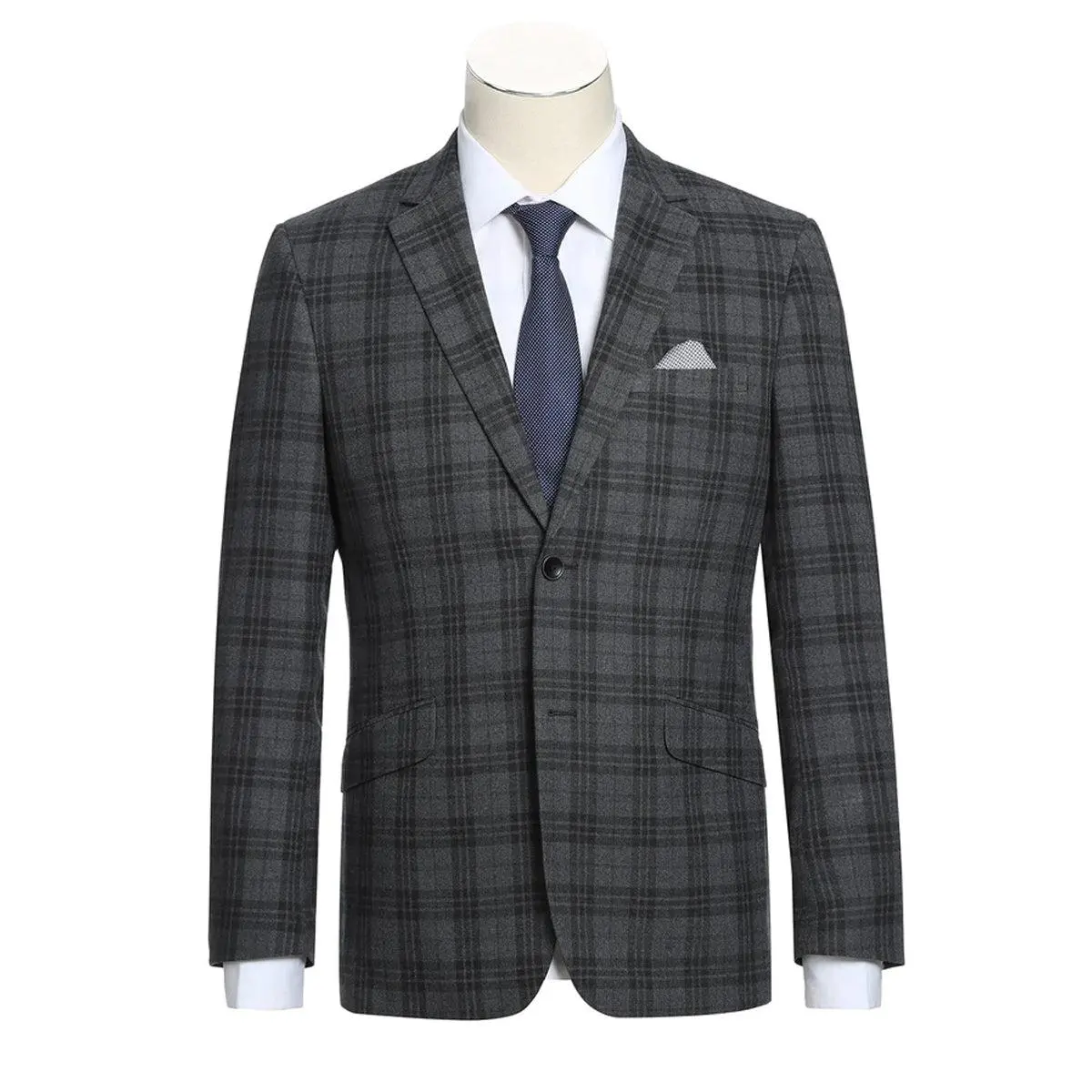 Mens Two Button Slim Fit Two Piece Hack Pocket Suit in Charcoal Grey Windowpane Plaid