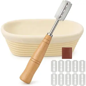Bakery Oval Fermentation Basket and Bread Knife Set - 10inch Rattan Basket with Liner, Knife Blade and Leather Cover - Sourdough Bread Baking Set Gift for Artisan Bakers