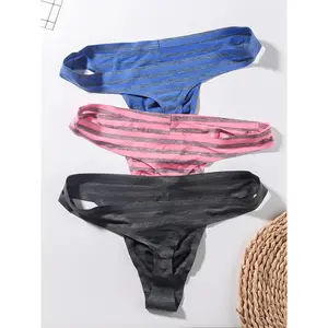 3-Pack Men'S Silky Thong Underwear, Breathable Nylon Strips, Polyamide 75%, Polyester 15%, Spandex 10%, Medium Stretch, No Show, Knit Fabric, Daily & Casual Wear, Striped Pattern, 180gsm