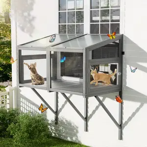 Large Wooden Window Catio Enclosure Outdoor Cat House with Waterproof Roof Safe Pet Cage for Indoor Cats Bird Watching Secure & Durable