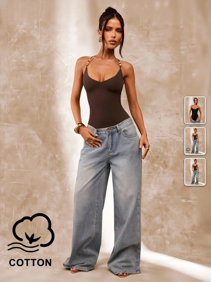 Beaded Bodysuit Spaghetti Strap Tight Sexy Retro Y2K Summer Going Out
