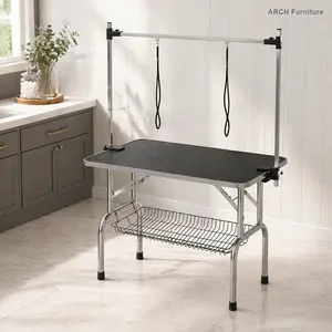 36" Heavy-Duty Portable Professional Dog Grooming Table with Stainless Steel Adjustable Arm, Noose, Ribbed Surface, Secure Clamping & Easy-Clean Mesh Tray