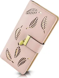 Women's Wallet Women Credit Card Holder Hollow Leaf  Bifold Leather Lady Long Wallet Purse Zip Birthday Xmas Gifts for Women Girls(Pink)