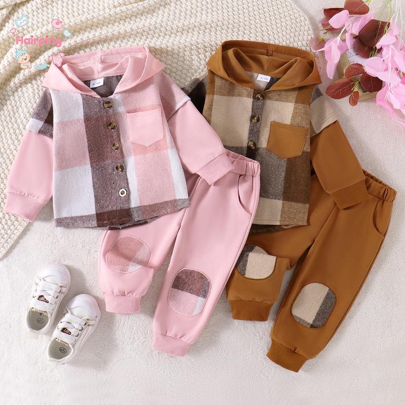 Little Boy Girl Pants Set, Contrast Color Plaid Long Sleeve Button-up Hoodie Trousers Outfits, Casual Baby Girls Set Little Boy Girl Pants Set, Contrast Color Plaid Long Sleeve Button-up Hoodie Trousers Outfits, Casual Baby Girls Set