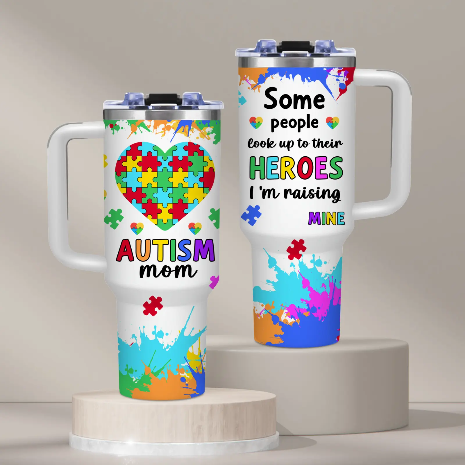 Autism Awareness, 40oz tumbler with handle, iced coffee cup, colorful puzzle heart design, Autism Lover Gift, for office and travel, Summer, Travel Mug, Stainless Steel Vacuum Insulated Water Bottle, Tumbler Gift for Women and Men