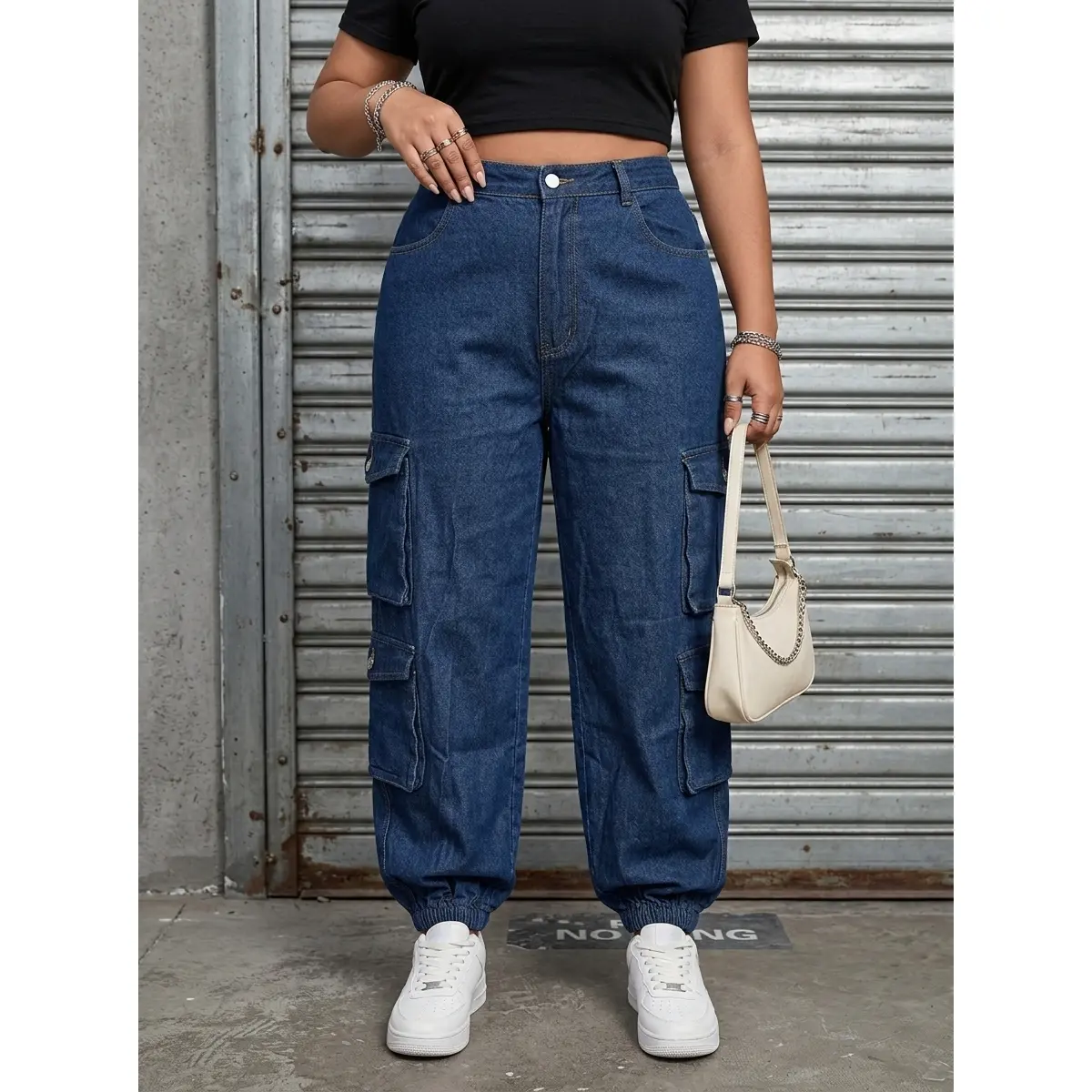 Plus Size Modest Cargo Jogger Pants for Women, Vintage Wash Stretch Denim Jeans with a Tapered Fit and Flap & Slant Pockets, H, Elastane, All Seasons, Bottom, Cotton, Clothes, H Waist, Flap Pocket