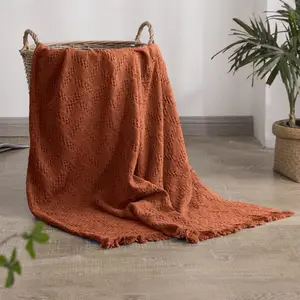 Throw Blanket for Bed, Couch, Boho Luxury Geometric Woven Blanket with Tassels Soft Lightweight Cozy Breathable,  Farmhouse Decoration for -Season(Rust Orange)