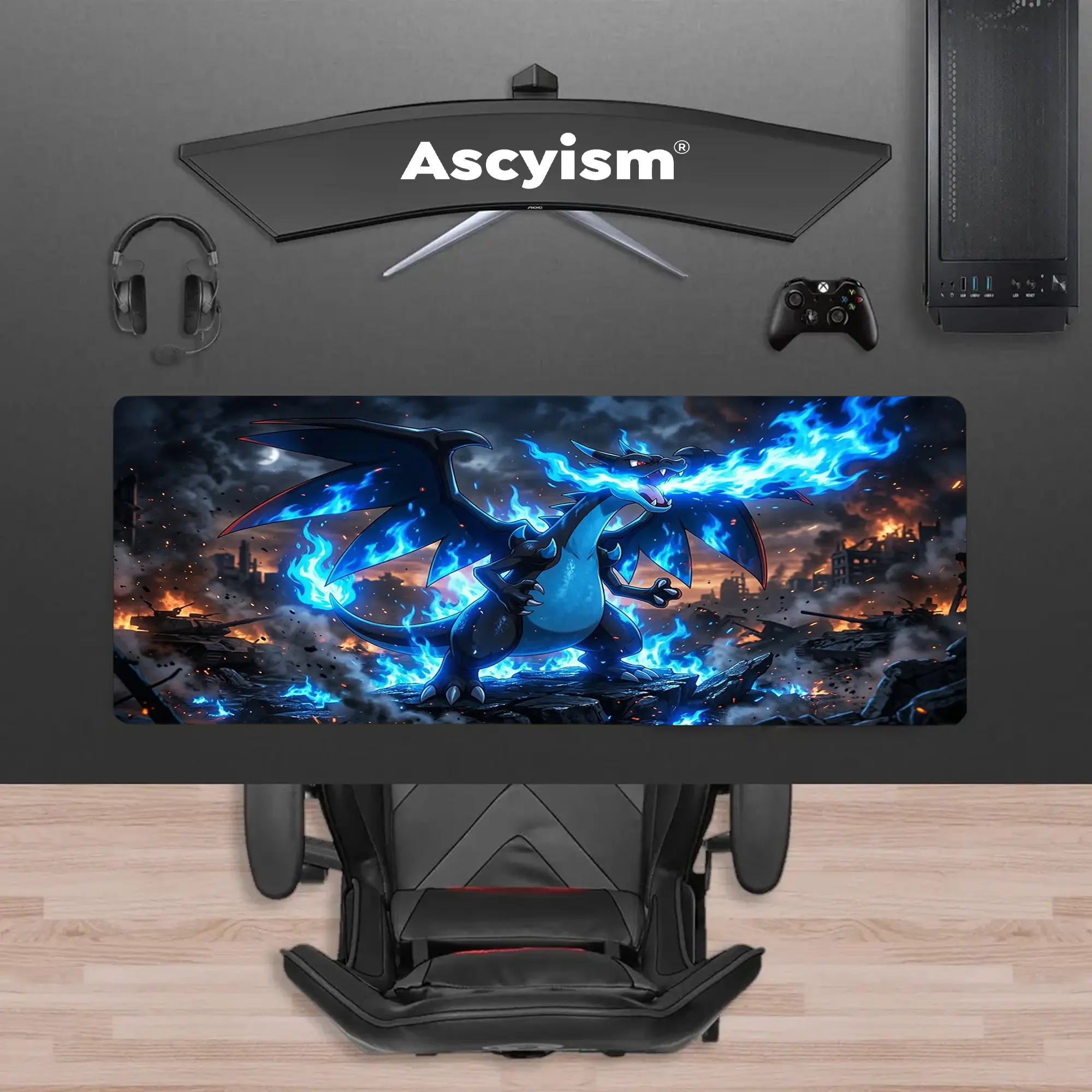 Blue Flame Mega Dragon Anime Gaming Mouse Pad, Dark Fire Creature Extended Desk Mat, Large Keyboard Pad, Waterproof Non-Slip Rubber Base Mousepad for PC Gamer Setup, Gaming Room Accessories, Desktop Decor, 40x20 Inch