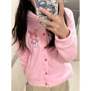Japanese Kawaii Cartoon Embroidery Pink Hoodies Women Cute Rabbit Ears Hooded Sweatshirt Y2k Aesthetic Harajuku Hoody Jacket