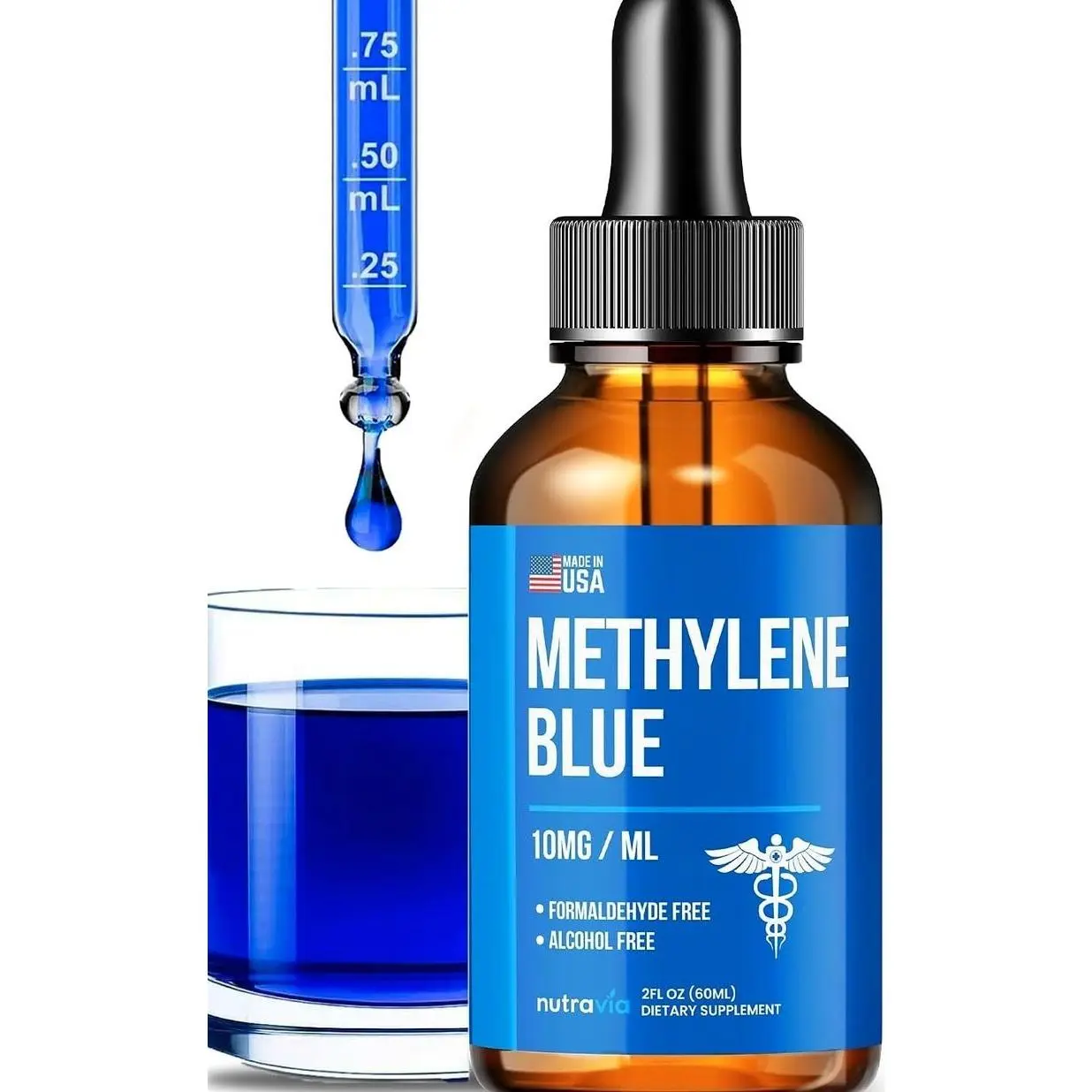 Methylene Blue Drops 1% USP Grade Third Party Lab Tested - USA Made - Formaldehyde Free, Increased Absorption, Blue Methylene Supreme Supplement for Humans, Methane Azul De Metileno Para Humanos (2oz)